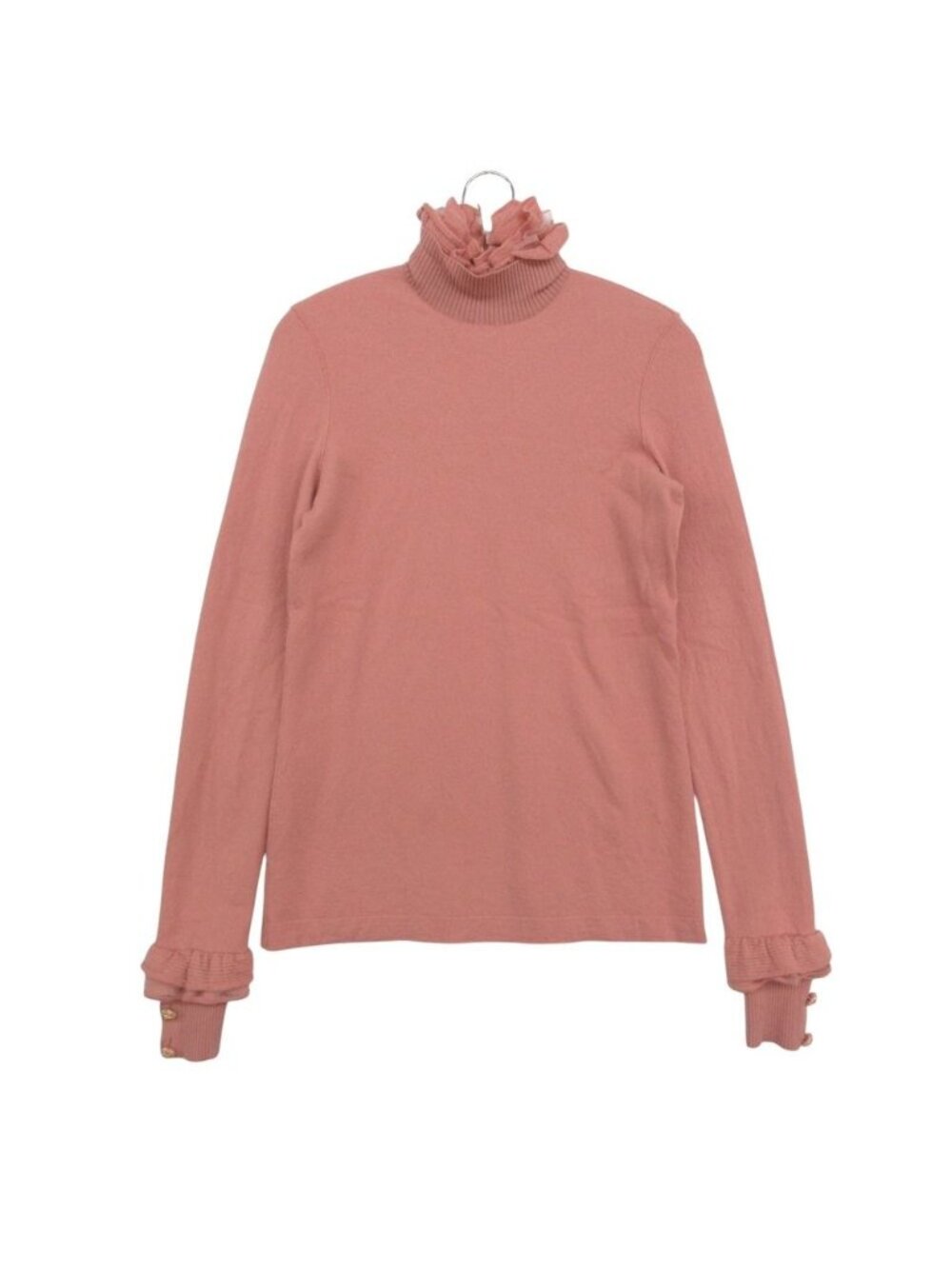 Chanel Knit Ruffles Tulle High Neck Sweater Long Sleeve Lion Gold Button Wool
